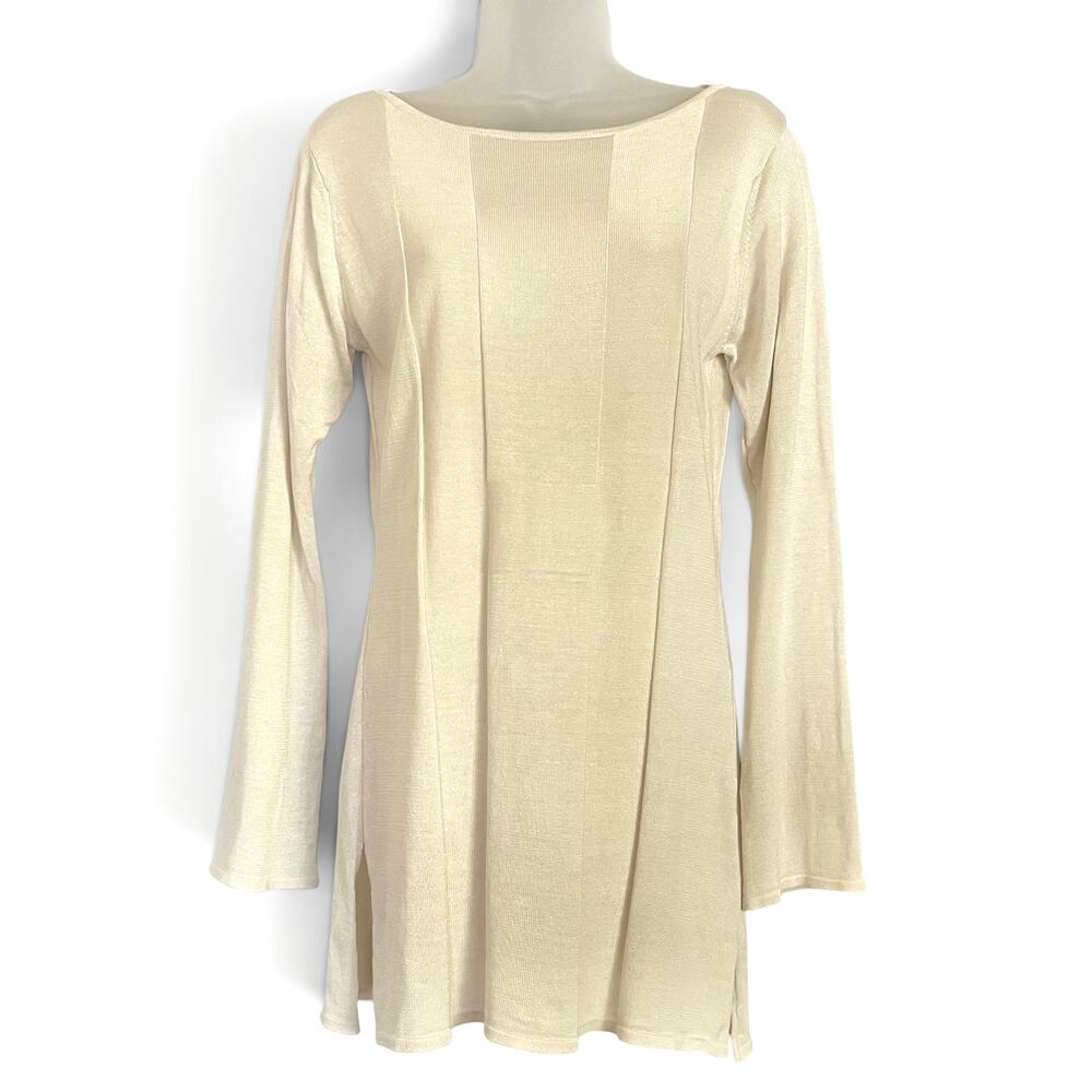 Halston Vintage Shimmering Silk Jacquard Knit H Logo Cream Tunic Top Mini Dress